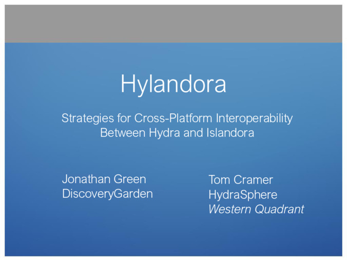 <span itemprop="name">Hylandora: Strategies for Cross Platform Interoperability Between Hydra and Islandora</span>